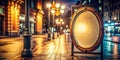 Blank oval sign on night street, elegant ornate frame, illuminated background. Generative AI Royalty Free Stock Photo