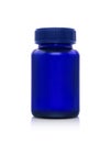 Blue transparent glass supplement product bottle