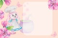 The background is a small cartoon dog cook in uniform. Cute animal cooks food. Flower Frame