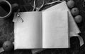 Blank pages opened vintage book on the table