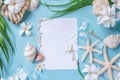 Blank paper on blue pastel background with shells and starfish, empty note for holidays on beach Royalty Free Stock Photo
