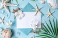 Blank paper on blue pastel background with shells and starfish, empty note for holidays on beach Royalty Free Stock Photo