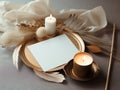 Blank paper card, burning candle, feather and golden tray on table. Made with Generative AI