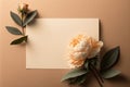 Blank paper card with copy space peony flower with sunlight. Illustration AI Generative