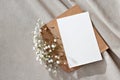 Blank paper card, postcard, envelope and flowers on neutral background, congratulation postcard or letter floral template with Royalty Free Stock Photo