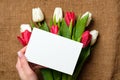 Blank paper card in womans hands on rustic burlap canvas with tulips flowers. Greeting card for International Womans Day, Mothers Royalty Free Stock Photo