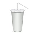 Blank paper coffee cup with plastic lid and clear bendy drinking straw mockup. Takeaway drink mug vector mock-up. Template