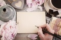 Blank Paper, Coffee, Male Hand with Pen, Post Cards