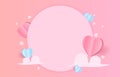 Blank paper cut background circle shape. Decorate with pink and blue origami hearts.