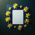 A blank paper framed by bright yellow flowers. floral background, Mockup, colorful background Royalty Free Stock Photo