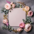 Blank paper greeting card. Floral frame of blush pink English roses and lentisk leaves. Created with Generative AI Royalty Free Stock Photo