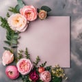 Blank paper greeting card. Floral frame of blush pink English roses and lentisk leaves. Created with Generative AI Royalty Free Stock Photo