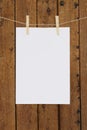 Blank paper hanging in clothespins on washing line Royalty Free Stock Photo