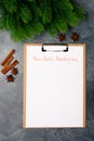 Blank paper with new year`s resolutions. Goals. Targets. Flat lay. Top view. New year concept.