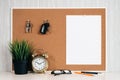 Blank paper note on cork board with car key, golden alarm clock, reading glasses, pen and green plant in pot Royalty Free Stock Photo