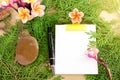 Blank paper note and pen with flowers and green leaf Royalty Free Stock Photo