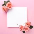 Blank paper note and roses on pink background Royalty Free Stock Photo