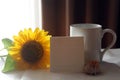 Blank paper note with sunflower and cup of tea or coffeee on the table. Royalty Free Stock Photo