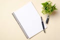 Blank paper notepad with pan and flowers plant on beige background. Top view, flat lay composition. Home office desk concept Royalty Free Stock Photo