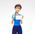 Blank Paper Notepad and Pencil Mockups Held by Serious, Pleasant Jenny - 3D Cartoon Female Character in Casual Clothes