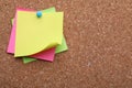 Blank paper notes pinned to cork background, closeup. Space for text Royalty Free Stock Photo