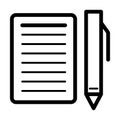 Blank paper and a pen vector icon. Black and white illustration of note pad and pen. Outline linear icon. Royalty Free Stock Photo