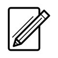 Blank paper and a pencil vector icon. Black and white illustration of note pad and pen. Outline linear icon.