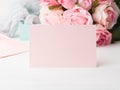 Blank paper pink card Valentine`s day and roses invitation Royalty Free Stock Photo