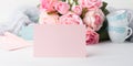 Blank paper pink card Valentine`s day and roses invitation Royalty Free Stock Photo