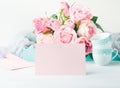 Blank paper pink card Valentine`s day and roses invitation Royalty Free Stock Photo