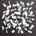 Blank paper rain fall flying floating confetti transparent background mockup 3d realistic design vector illustration Royalty Free Stock Photo