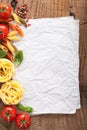 Blank paper for recipes with ingredients tomatoes pasta pepper