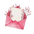 Blank paper in red envelope and branch with leaves. Love letter for Valentines day Royalty Free Stock Photo