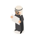 Blank paper sheet promotion arab businessman traditional national ethnic muslim clothes isometric isolated character