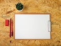 Blank Paper Tablet Top View, Empty White Sheet on Wood Table Flat Lay Mockup, Paper Tablet Texture Background Royalty Free Stock Photo