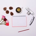 Blank paper with various objcects around it on white background - Trendy minimal flat lay concept Royalty Free Stock Photo