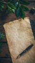 Blank parchment with fountain pen on wooden surface Royalty Free Stock Photo