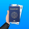 Blank passport template and airline tickets. International passport with sample personal data page. Vector stock illustration Royalty Free Stock Photo