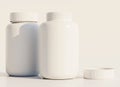 Blank pharmacy plastic bottles. White empty medicine containers. 3D rendering illustration.