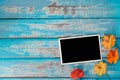 Blank photo frame album with flower on blue wood background Royalty Free Stock Photo