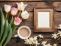 Blank photo frame, flowers and cup coffee Royalty Free Stock Photo