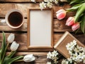 Blank photo frame, flowers and cup coffee Royalty Free Stock Photo