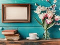 Blank photo frame, flowers and cup coffee Royalty Free Stock Photo