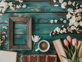 Blank photo frame, flowers and cup coffee Royalty Free Stock Photo