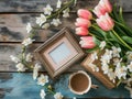 Blank photo frame, flowers and cup coffee Royalty Free Stock Photo