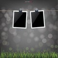 Blank photo frame in green grass field and light blurred bokeh background. Vector Royalty Free Stock Photo