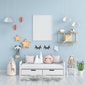 Blank photo frame mockup in blue child room, 3D rendering Royalty Free Stock Photo