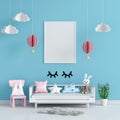 Blank photo frame for mockup in blue child room, 3D rendering Royalty Free Stock Photo