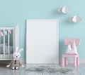 Blank photo frame for mockup in child bedroom, 3D rendering Royalty Free Stock Photo