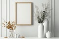 Blank Photo Frame Mockup Close Up in Scandinavian Style Home Minimal White Wooden Wall Background - Generative AI Royalty Free Stock Photo